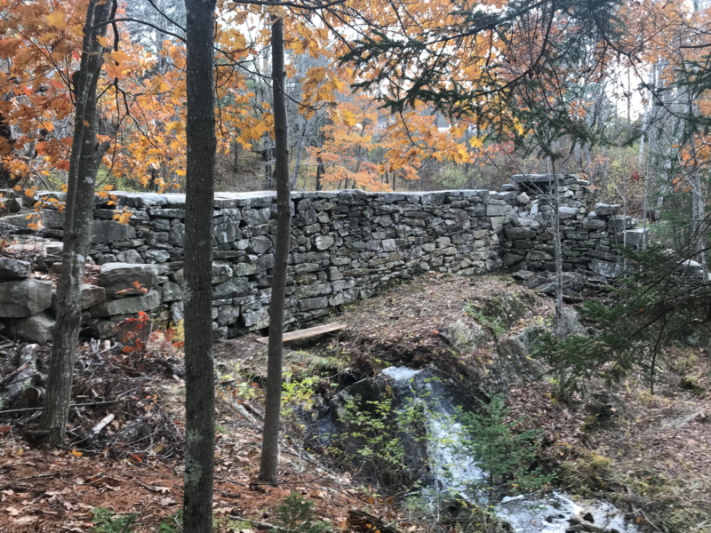 Surrounded by fall foliage is a stone dam out of which a small stream of water cascades down a rocky bank.