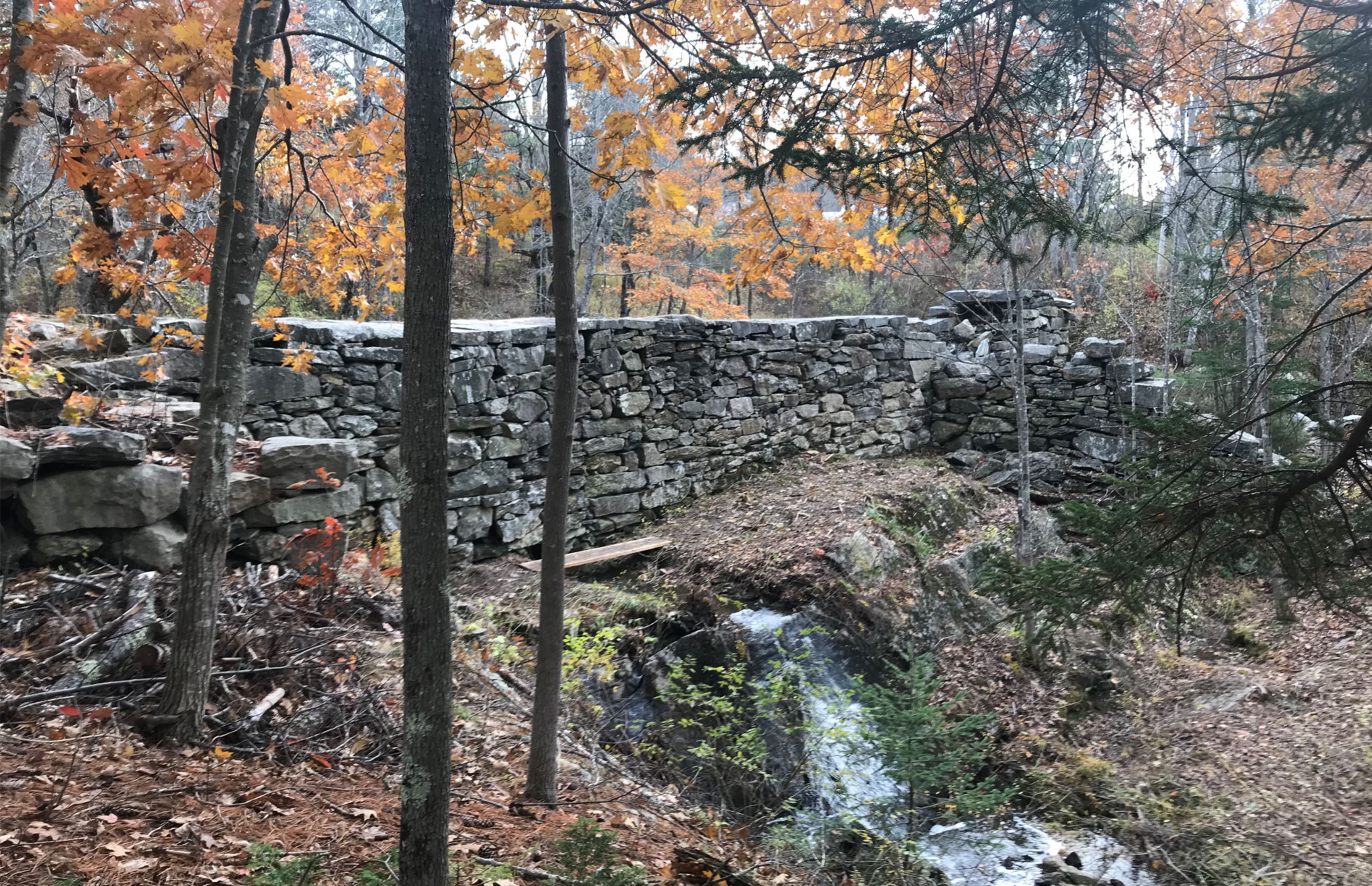 Surrounded by fall foliage is a stone dam out of which a small stream of water cascades down a rocky bank.